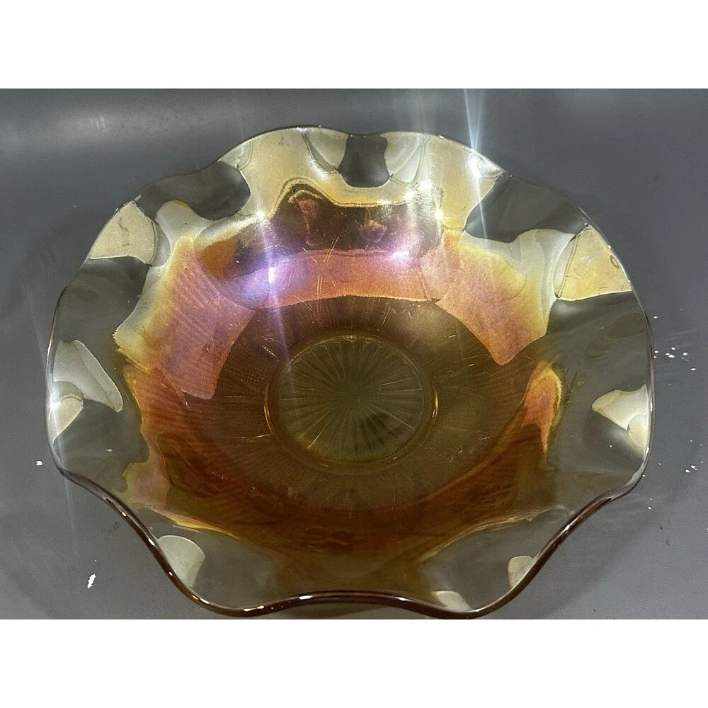 Jeannette Iris & Herringbone Pink Iridescent Footed Bowl Carnival Glass Vintage